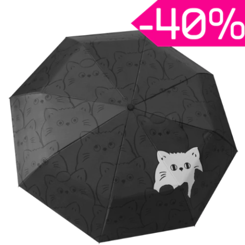 Paraguas negro con gatito blanco, diseño elegante y sofisticado