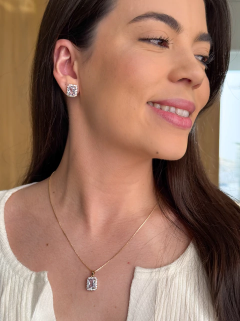 Conjunto Brinco + Colar Pedra - Folheado - comprar online
