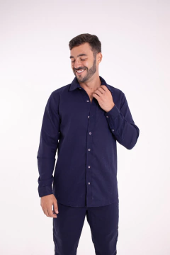 Camisa de Linho Azul Marinho Manga Longa