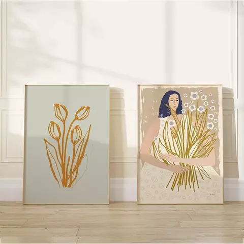 Cuadro set mujer con flores 45x60cm varilla natural - comprar online