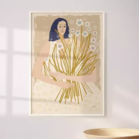 Cuadro mujer con flores 45x60cm varilla natural - comprar online
