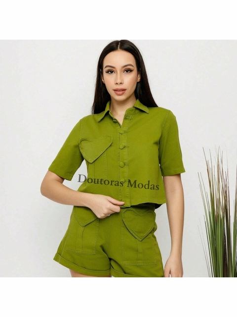 Domi Modas Conjunto Jeans Cropped com Short Estilo Coração 9247