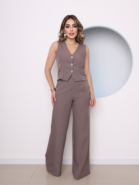 Domi Modas Conjunto Longo Calça e Colete Alfaiataria Gabardine Com Bolso Social Fashion 189