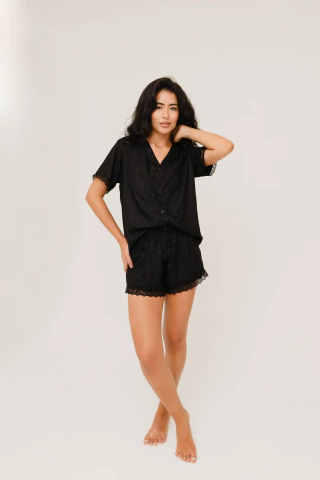 Conjunto Pijama Chocolat Manga Curta com Shorts e Renda Feminino Adulto - loja online