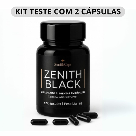 Frasco preto do suplemento alimentar Zenith Black com 2 cápsulas pretas ao redor
