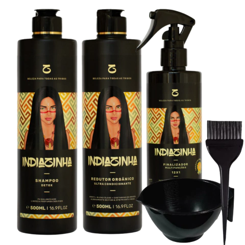 Escova Progressiva Indiazinha Orgânica com Finalizador Térmico 12 Funções + Kit Aplicador com Pote e Pincel Liso Perfeito