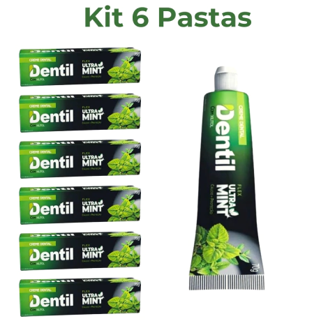 Kit Com 6 Cremes Dentais Dentil Ultra Mint com Xilitol Frescor Durarouro Sem Flúor