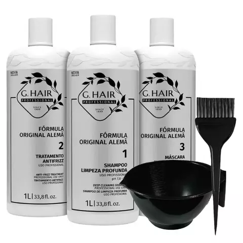 Kit Escova Progressiva Ghair Alemã Liso Extremo 3 passos 1 Litro Alisamento Capilar Cabelos Perfeitos com Kit Aplicador Pote e Pincel