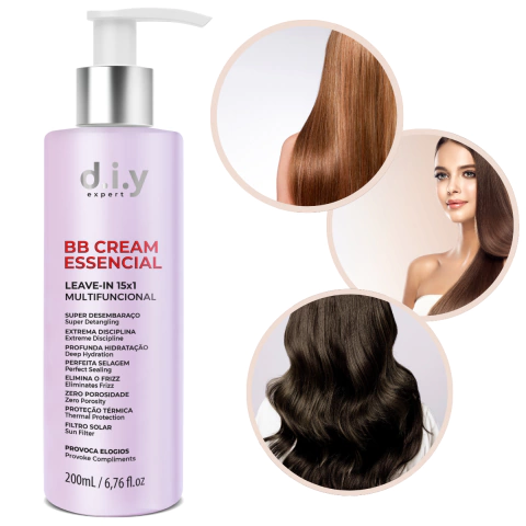 BB Cream Essencial 15 em 1 Multifuncional Leave-in Anti-Frizz, Filtro Solar e Proteção Térmica Antifrizz DIY Cosméticos