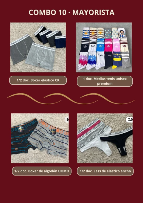 COMBO10 - BOXER CALVIN + BOXER UOMO + TENIS DE DISEÑOS/MARCAS + LESS ELASTICO CK