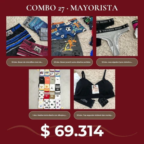 COMBO MAYORISTA 27 - BOXER JUVENIL DE ALGODON + BOXER DE MICROFIBRA + LESS VICTORIA SECRET + TENIS DE DISEÑOS Y MARCAS + TOP SEGUNDA PIEL