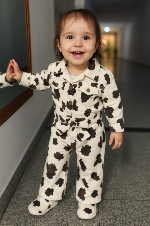 Conjunto vaquita (campera + pantalon) Base blanca, manchas negras - comprar online