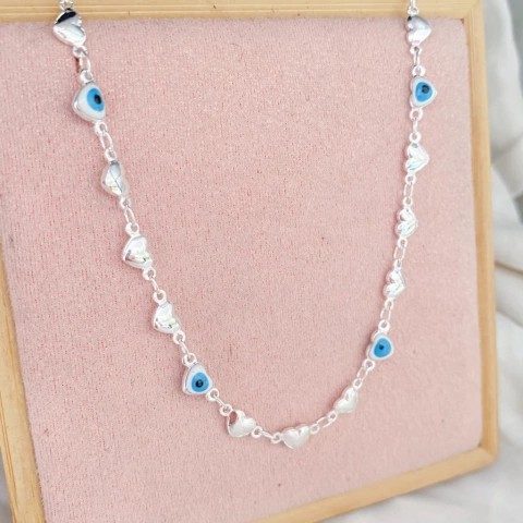 Choker Corações e Olho Grego Prata