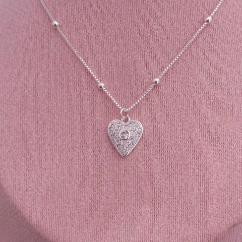 Colar Coração Cravejado Prata