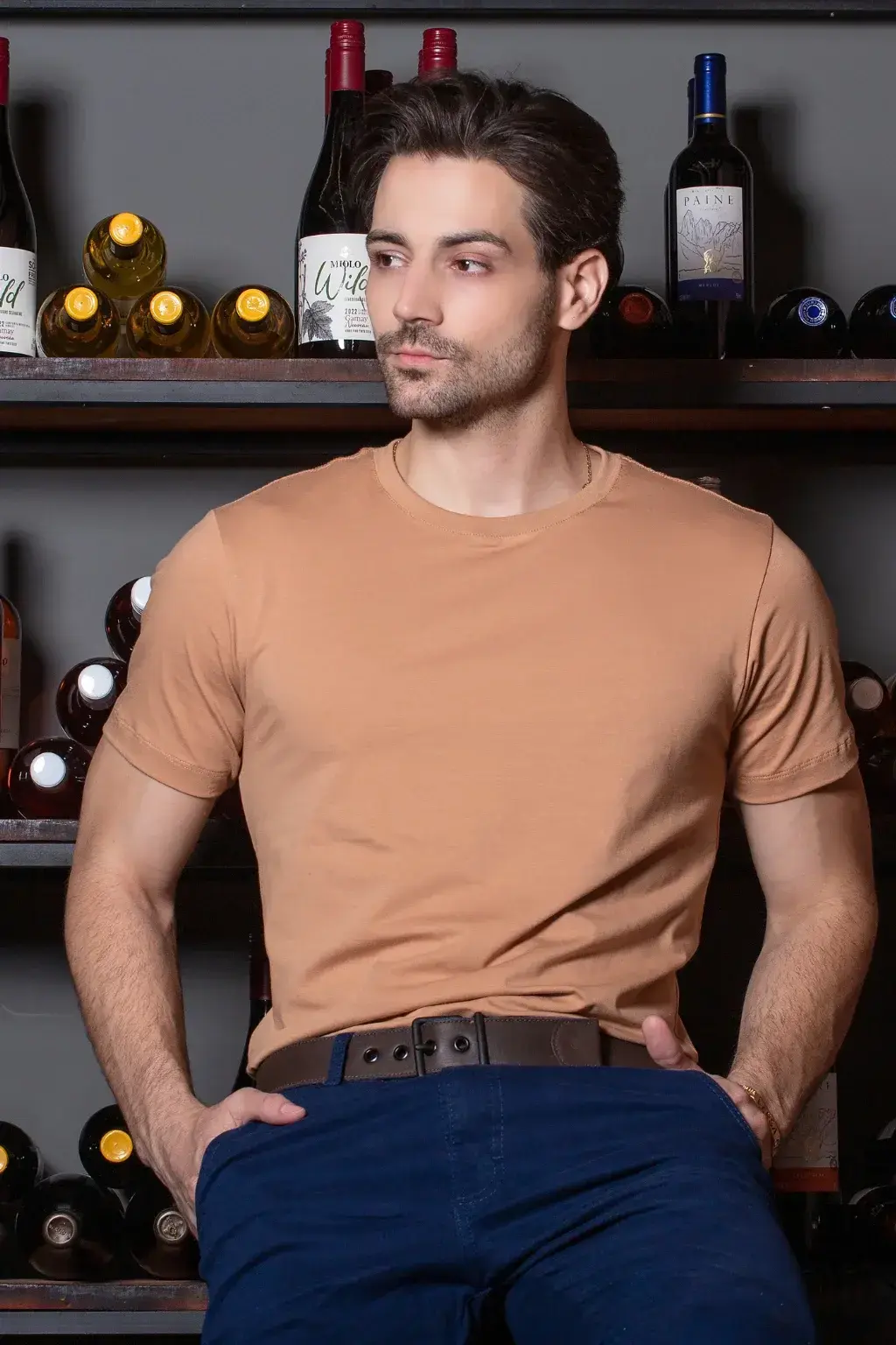Modelo usando a camiseta Supreme Bege em ambiente interno, mostrando o caimento no corpo.