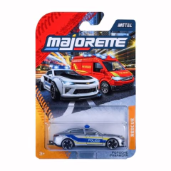 Miniatura de Porsche Panamera policial em escala 1/64 da Majorette, com pintura prateada e detalhes azuis, embalada em blister com fundo ilustrativo de veículos de emergência