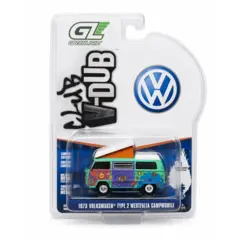 Blister da Miniatura da Volkswagen Kombi Type 2 Westfalia Campmobile 1973 com pintura colorida e desenhos psicodélicos, em escala 1:64 da Greenlight