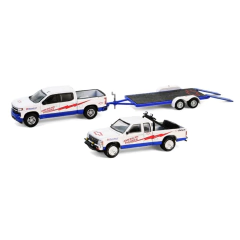 Chevrolet Silverado 1500 2023 e Chevrolet S-10 Baja 1989 C/ Reboque Flatbed Hitch N Tow Racing Greenlight 1:64