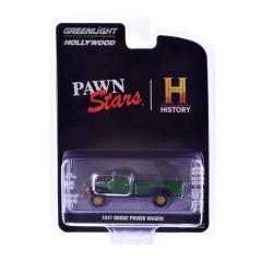 Miniatura Dodge Power Wagon 1947 verde em escala 1:64 da série Pawn Stars da Greenlight, embalagem preta com logos Pawn Stars e History