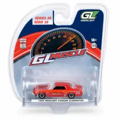 Miniatura do carro Mercury Cougar Eliminator 1969 na escala 1:64 da série GL Muscle, modelo vermelho em embalagem transparente