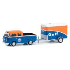 Volkswagen Kombi T2 Double Cab 1975 C/ Reboque Cargo Trailer - Gulf - Hitch and Tow - Série 28 - Greenlight - 1/64