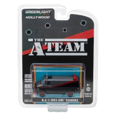 Miniatura da van GMC Vandura 1983 preta com detalhes vermelhos, réplica do veículo do personagem B.A. do seriado The A-Team, escala 1:64 da Greenlight na embalagem oficial