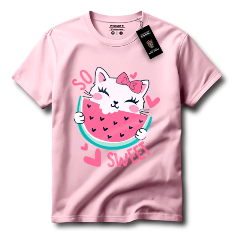 Camiseta Feminina de Algodão Premium Gatinha com Melancia "SO SWEET" - Philklen - comprar online