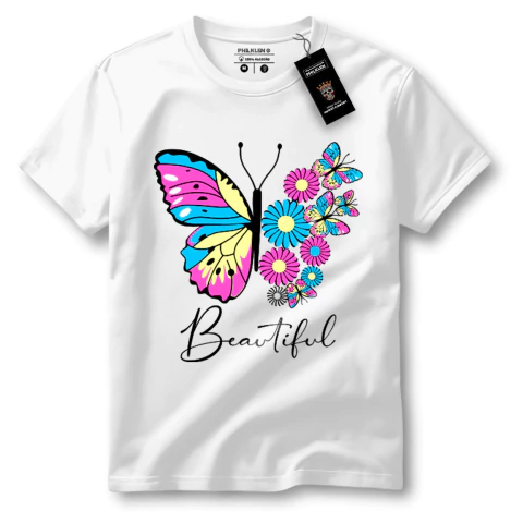 Camiseta Feminina de Algodão Premium com Estampa de Borboleta Colorida e Flores - Philklen - comprar online