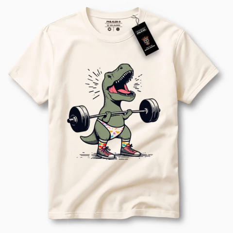 Camiseta de Algodão Premium com Estampa Dinossauro Halterofilista Unissex - comprar online