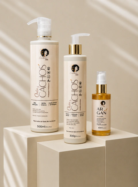 Kit Brilho e Definição: Finalizador, Gelatina e Óleo de Argan - Cacheia Juba