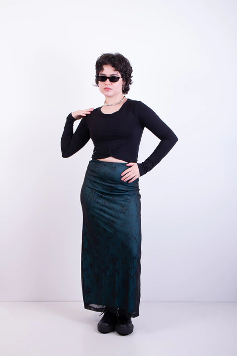 Cropped Preto Manga Longa Trançado