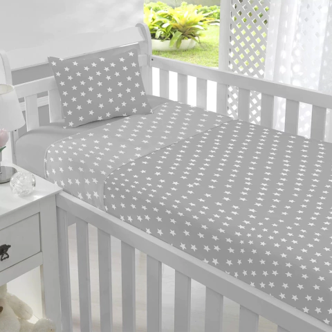 Jogo de Berço Completo Estampado Estrelado - Malha Soft 100% Algodão