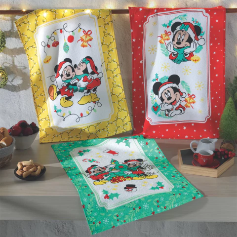 Kit Pano de Copa Dohler Prata Mickey e Minnie Natal 21 - 100% Algodão - 45x65cm