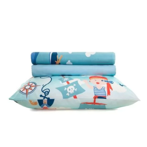 Jogo de Cama Santista Infantil Royal Pirata Solteiro 3 peças 100% Algodão - Pirata Azul - Solteiro
