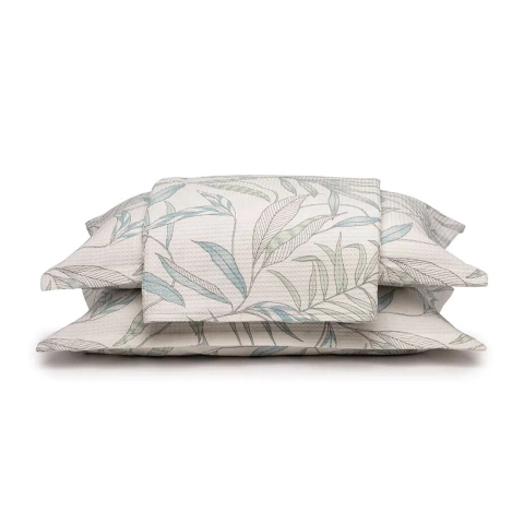 Kit Colcha Dohler Piquet Estampado Melissa - 100% Algodão - Branco/Verde - Queen
