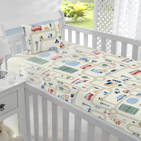 Jogo de Berço Completo Estampado Auto Pista - Malha Soft 100% Algodão