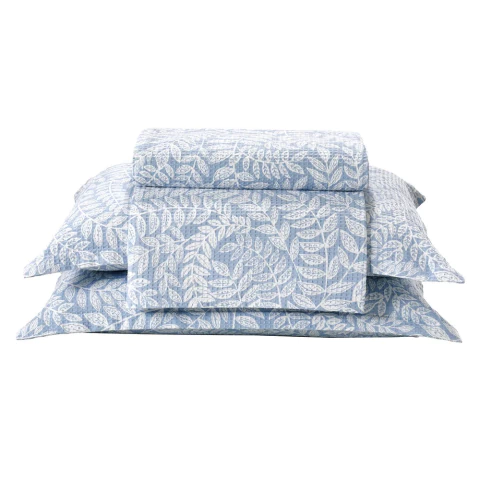 Kit Colcha Dohler Piquet Estampado Nature - 100% Algodão - Azul/Branco - Queen