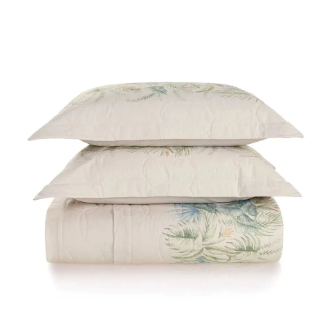 Colcha com Porta Travesseiro Lissa 150 Fios - 100% Algodão - Cinza/Verde - Casal