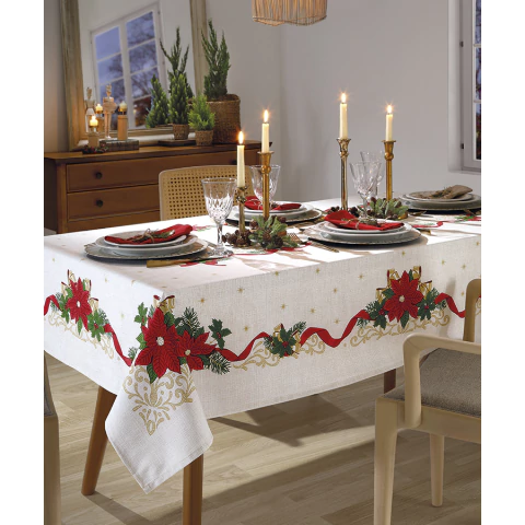 Toalha de Mesa Dohler Athenas Natal Estampada 105 - Off White/Vermelho - 160cm Redondo