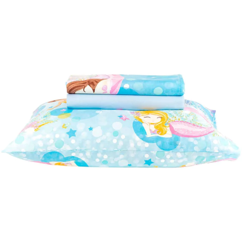 Jogo de Cama Santista Infantil Royal Sereia Solteiro 3 peças 100% Algodão - Azul Sereia - Solteiro