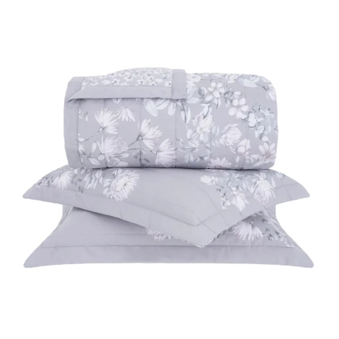 Kit Colcha Buddemeyer Percalle Proteas Cinza Floral 180 Fios - 100% Algodão - Solteiro 2 Peças