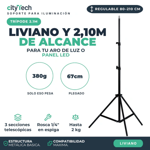 Trípode de iluminación 2,10 m de Aluminio Liviano con Rosca 1/4”