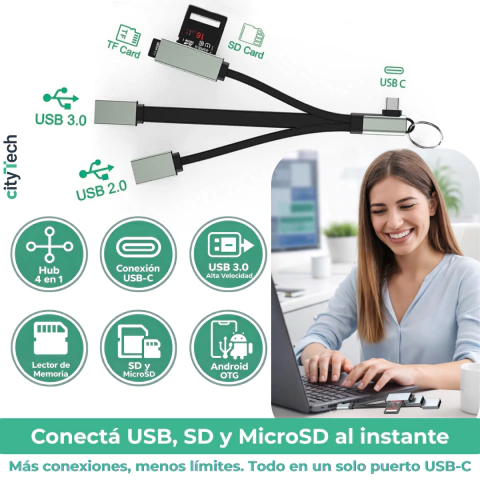 Hub USB-C 4 en 1 con USB 3.0 y lector SD/microSD
