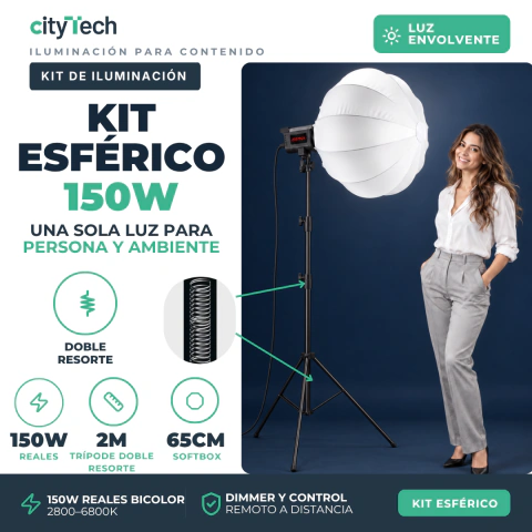 Kit Luz Led 150w + Softbox Esférico 65cm Trípode 2m con Resorte