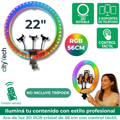 Aro De Luz 3d Profesional 56cm Rgb Cristal Touch 3 Soportes - comprar online