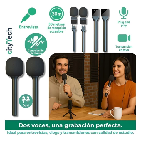 Kit Doble Micrófono Inalámbrico Con Soporte De Mano Estudio