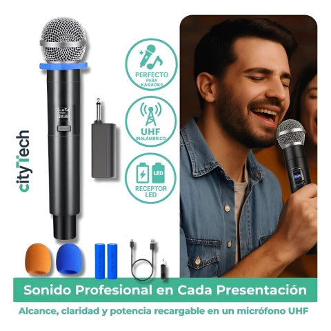 Micrófono Inalámbrico Uhf Recargable Karaoke Profesional Led