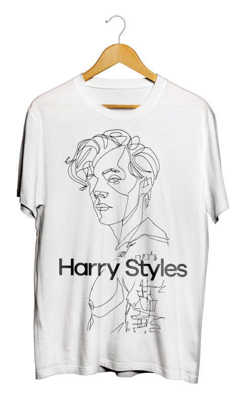 Camiseta branca com estampa de desenho em linha fina de Harry Styles e texto "Harry Styles".