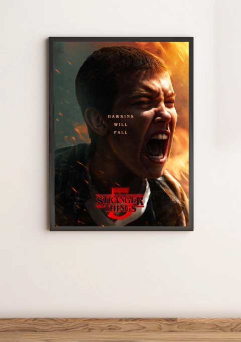 Pôster de Stranger Things 5 com Eleven gritando, com fundo em tons de fogo e texto Hawkins Will Fall