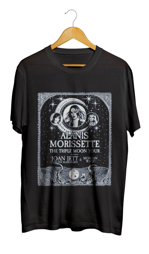 Camiseta preta da turnê Triple Moon de Alanis Morissette, com ilustrações de Joan Jett e Morgan Wade.